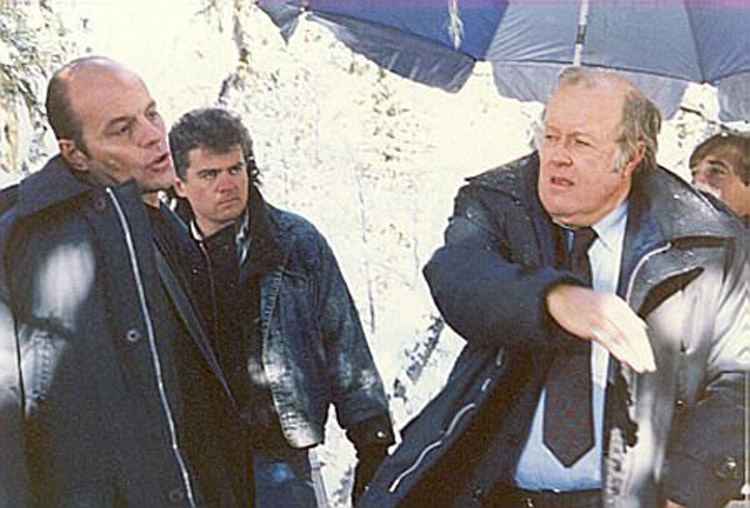 Director David Winning and Michael Ironside and M. Emmet Walsh on the set of David Winning's feature film Killer Image