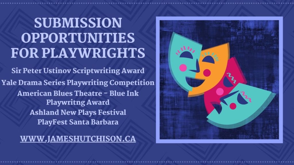 This is a Title Graphic. Along the left side of the graphic it says Submission Opportunities for Playwrights. Followed by a list of competitions: Sir Peter Ustinov Scriptwirting Award, Yale Drama Series Playwriting Competition, American Blues Theatre - Blue Ink Playwriting Award, Ashland New Plays Festival, PlayFest Santa Barbara. On the right side of the graphic is the comic and tragic mask.