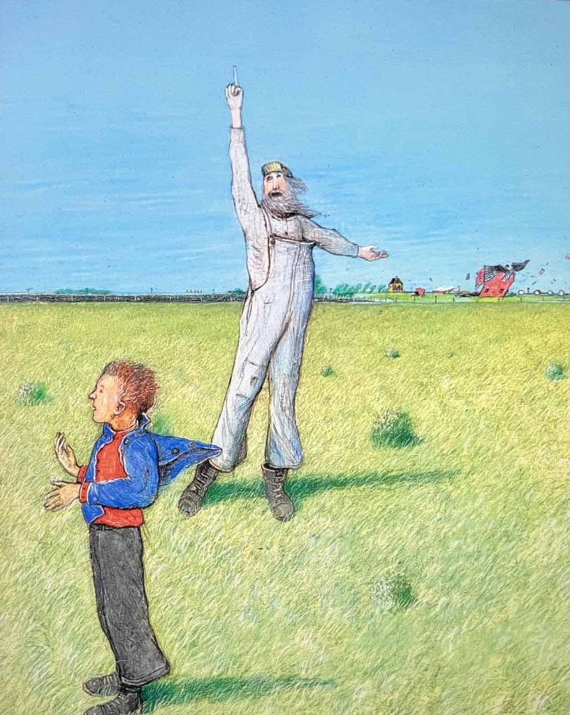 St. Sammy and Brian: St Sammy calling down the wrath of the Lord to smite Bent Candy's new red barn. Illustration by William Kurelek from 75th Anniversary Edition of Who Has Seen the Wind