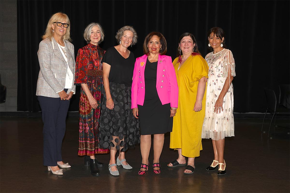 L to R, Arlene Strom, Chair LG Arts Awards Foundation Board, Wendy Tilby, Amanda Forbes, Her Honour Salma Lakhani, Mieko Ouchi, Michelle Thrush, Photo credit Randy Feere