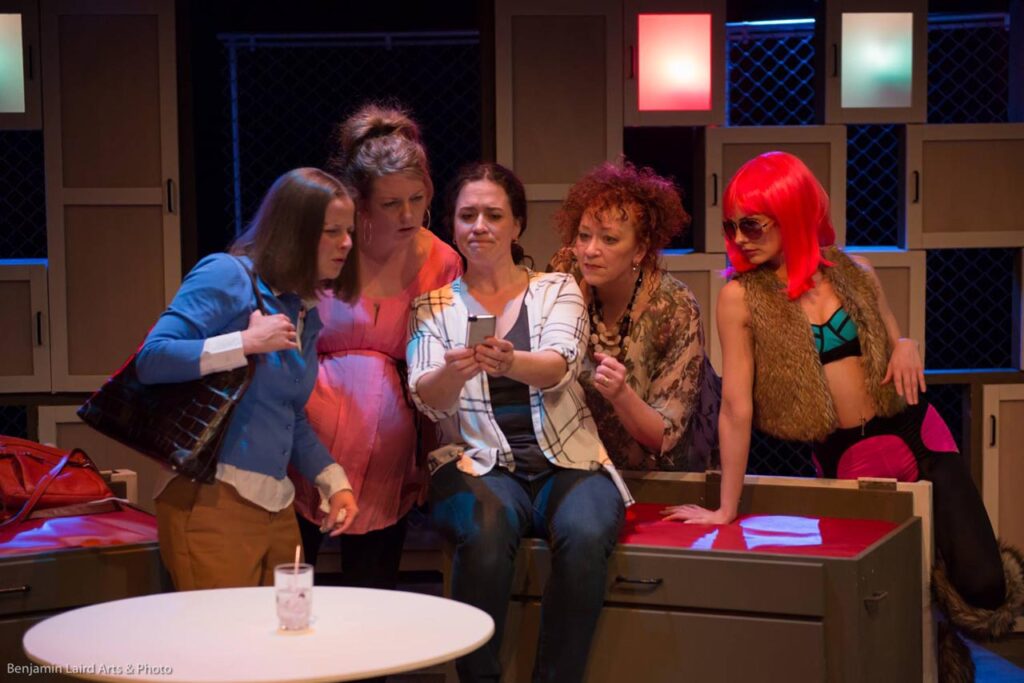 Anna Cummer, Kira Bradley, Cheryl Hutton, Kathryn Kerbes, and Arielle Rombough in The Lunchbox Theatre Production of Book Club by Playwright Meredith Taylor Parry. Photo Benjamin Laird.