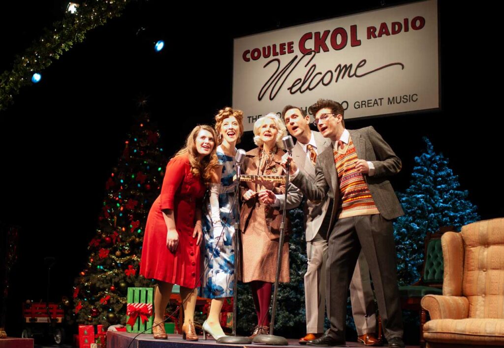 Karyssa Komar, Heather Pattengale, Seana-Lee Wood, Nathan Schmidt, and Mark Kazakov in the Rosebud Theatre Production of Christmas on the Air. Photo Morris Ertman.