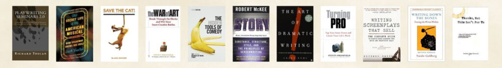 Books about writing and telling stories including Save the Cat, The War of Art, Story by Robert McKee, and The Tools of Comedy.