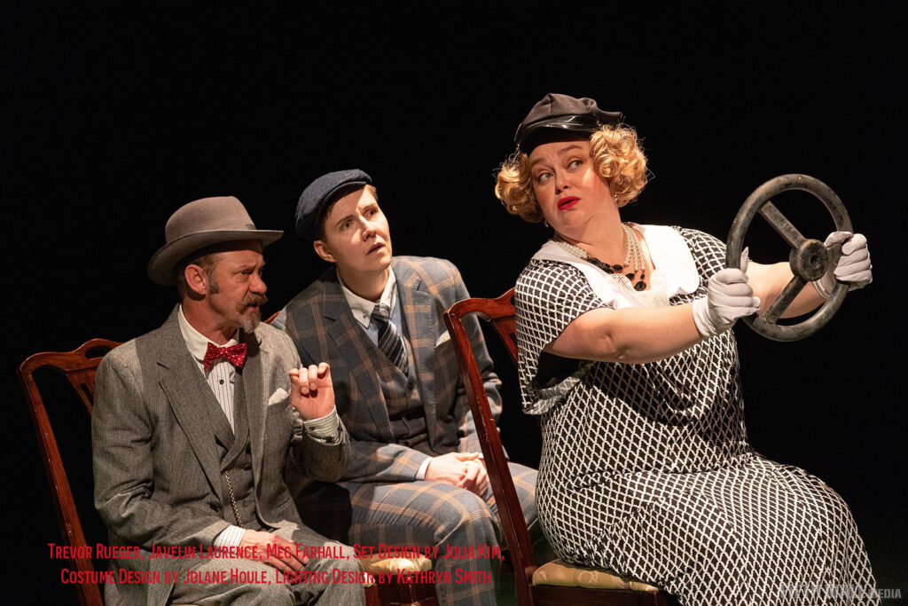 Trevor Rueger, Javelin Laurence, and Meg Farhall in Murder on the Links at Vertigo Theatre.